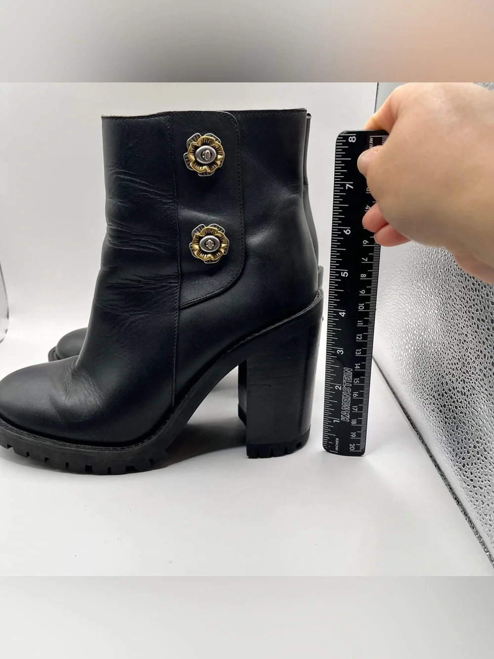 Coach Hana Lug Sole Boot With Tea Rose Detailing 8B gold-tone tea rose hardware